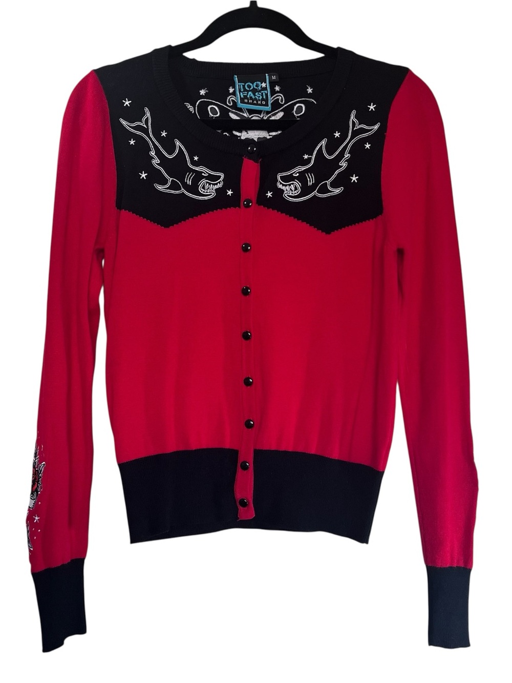 Too Fast Shark Tattoo Cardigan Sweater Red Black Size Medium Goth
